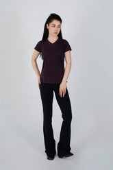 Power Femme Burgundy Melange Ladies V-Neck TShirt